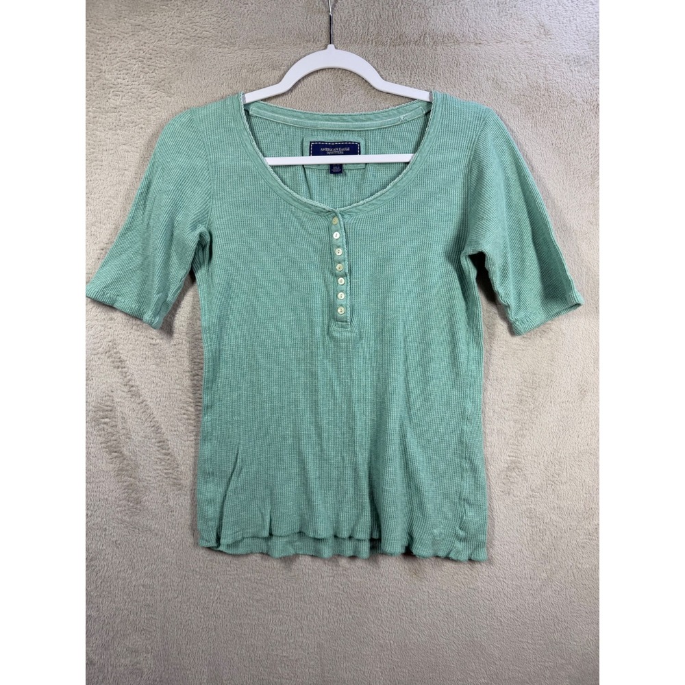 American Eagle Henley Top Womens M Green Waffle Knit Vintage 90s Y2K Style